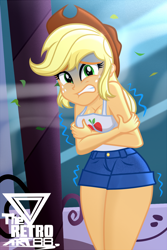 Size: 900x1350 | Tagged: safe, artist:theretroart88, derpibooru import, applejack, better together, equestria girls, street chic, applerack, breasts, cleavage, clenched teeth, clothes, cold, crossed arms, curvy, scene interpretation, shivering, shorts, sleeveless