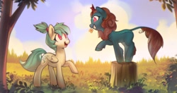 Size: 2852x1503 | Tagged: safe, artist:mirroredsea, derpibooru import, oc, oc only, kirin, pegasus, pony, eye contact, female, flower, flower in mouth, grin, looking at each other, mare, mouth hold, open mouth, raised hoof, raised leg, smiling, tree stump