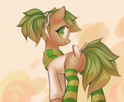 Size: 3269x2705 | Tagged: safe, artist:mirroredsea, derpibooru import, oc, oc only, earth pony, pony, bow, butt, clothes, female, green eyes, light brown coat, looking at you, looking back, looking back at you, mare, multicolored hair, oc name needed, plot, ponytail, rear view, scarf, shirt, smiling, socks, solo, striped socks, tail bow