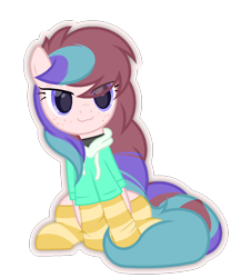 Size: 1000x1200 | Tagged: safe, artist:ponkus, derpibooru import, oc, oc only, oc:fundip, earth pony, pony, :3, closed mouth, clothes, cute, eyes open, eyeshadow, female, freckles, hoodie, jewelry, looking at something, makeup, mare, mouth closed, necklace, simple background, sitting, socks, solo, striped socks, transparent background