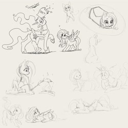 Size: 4000x4000 | Tagged: safe, artist:miokomata, derpibooru import, fluttershy, princess celestia, alicorn, fish, pegasus, pony, burrito, butt, campfire, chips, doritos, duo, flutterbutt, food, freckles, freckleshy, grayscale, large butt, lying down, majestic as fuck, meat, monochrome, mouth hold, plot, ponies eating meat, pony burrito, prone, question mark, sitting, sketch, sploot, sunbutt
