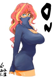 Size: 700x1000 | Tagged: safe, artist:sozglitch, derpibooru import, sunset shimmer, equestria girls, big breasts, breasts, cleavage, face mask, female, huge breasts, long sleeves, looking at you, mask, simple background, solo, sunset jiggler, sweater dress, white background