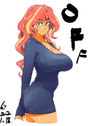 Size: 700x1000 | Tagged: safe, alternate version, artist:sozglitch, derpibooru import, sunset shimmer, equestria girls, big breasts, breasts, cleavage, female, huge breasts, long sleeves, looking at you, mask, simple background, smiling, solo, sunset jiggler, sweater dress, white background