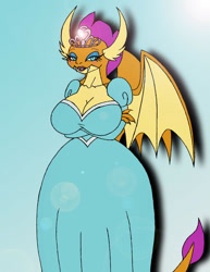 Size: 1024x1326 | Tagged: safe, artist:shadowthedarkninja, derpibooru import, smolder, anthro, dragon, bedroom eyes, big breasts, breasts, clothes, digital art, dragon wings, dragoness, dress, fangs, female, horn, jewelry, lizard breasts, looking at you, makeup, princess smolder, simple background, smolder also dresses in style, smolder-boulders, solo, solo female, tail, tiara, wide hips, wings