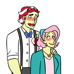 Size: 1500x1500 | Tagged: safe, artist:crayoncreates, derpibooru import, flam, fluttershy, equestria girls, blushing, bowtie, button-up shirt, clothes, crack shipping, female, flamshy, hand on shoulder, height difference, jacket, jewelry, male, necklace, shipping, shirt, short hair, simple background, straight, suspenders, transparent background
