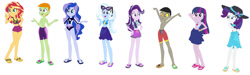 Size: 1280x382 | Tagged: safe, artist:diana173076, derpibooru import, discord, princess luna, rarity, starlight glimmer, sunset shimmer, thorax, trixie, twilight sparkle, equestria girls, base used, belly button, clothes, equestria girls-ified, feet, flip-flops, sandals, simple background, swimsuit, white background