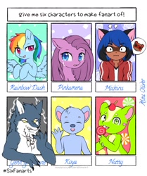 Size: 1280x1529 | Tagged: safe, artist:aleuoliver, derpibooru import, pinkie pie, rainbow dash, anthro, earth pony, pegasus, pony, raccoon, squirrel, anthro with ponies, bna: brand new animal, bust, candy, clothes, crossover, crying, eyes closed, female, food, happy tree friends, licking, lollipop, male, michiru kagemori, nutty, pictogram, pinkamena diane pie, six fanarts, tongue out, waving, wide eyes, wings