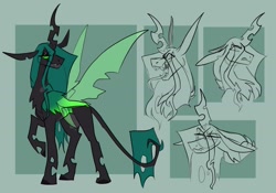 Size: 1429x1000 | Tagged: safe, artist:rockin_candies, derpibooru import, queen chrysalis, changeling, changeling queen, fangs, female, forked tongue, green background, horn, open mouth, simple background, sketch, slit eyes, solo, spread wings, swirly eyes, teeth, tongue out, wings