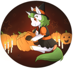 Size: 1024x970 | Tagged: safe, artist:foxhatart, derpibooru import, oc, oc:lime, pony, unicorn, bow, candle, female, halloween, holiday, jack-o-lantern, mare, pumpkin, solo, tail bow