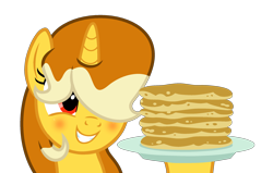 Size: 2581x1642 | Tagged: safe, artist:darbypop1, derpibooru import, oc, oc:pikachu pancakes, pony, unicorn, female, food, mare, pancakes, simple background, solo, transparent background