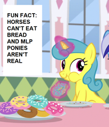 Size: 616x720 | Tagged: safe, derpibooru import, edit, edited screencap, screencap, lemon hearts, minuette, amending fences, bread, donut, female, food, scrunchy face, solo, telling lies, text