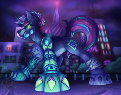 Size: 2500x1967 | Tagged: safe, artist:fkk, derpibooru import, oc, oc only, cyborg, hybrid, pony, unicorn, bandage, black sclera, blurry background, building, bush, chest fluff, city, claws, commission, cyberpunk, ear fluff, ears, fangs, glowing eyes, gritted teeth, horn, looking at you, male, night, outdoors, prosthetic limb, prosthetics, raised tail, skyscraper, solo, stallion, stars, tail, watermark