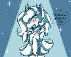 Size: 2446x1978 | Tagged: safe, artist:nanazdina, derpibooru exclusive, derpibooru import, princess luna, alicorn, pony, blushing, clothes, cute, female, filly, ibispaint x, lunabetes, lunadoodle, moon, sketch, skirt, woona, younger