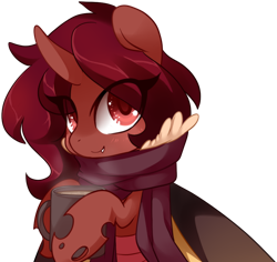 Size: 1060x1000 | Tagged: safe, artist:loyaldis, derpibooru import, oc, oc only, oc:flechette, changeling, hybrid, moth, mothling, original species, chocolate, clothes, food, hot chocolate, red changeling, scarf