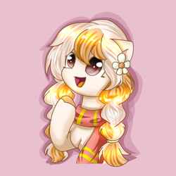 Size: 1080x1080 | Tagged: safe, artist:starflashing twinkle, derpibooru import, oc, earth pony, cute, flower, hairpin, muffler, open mouth, simple background, solo