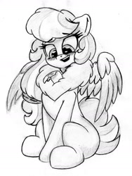 Size: 1323x1764 | Tagged: safe, artist:zemer, derpibooru import, oc, oc:feather belle, pegasus, pony, blushing, chest fluff, cute, fluffy, hair tie, letter, monochrome, sitting, solo, traditional art, wing spreading