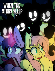 Size: 2550x3300 | Tagged: safe, artist:bbsartboutique, derpibooru import, applejack, fluttershy, pinkie pie, rainbow dash, rarity, twilight sparkle, pegasus, pony, fanfic:when the stars sleep, book, building, cover art, creepy, fanfic art, glowing eyes, glowing horn, glowing mouth, grin, horn, magic, magic aura, scared, shadow, smiling, sweat