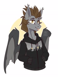 Size: 1536x2048 | Tagged: safe, artist:buvanybu, derpibooru import, oc, oc only, oc:devin, anthro, bat pony, anthro oc, bat pony oc, bat wings, clothes, fangs, hoodie, looking at you, pockets, solo, sticking tongue out, sweater, tongue out, tree, wings