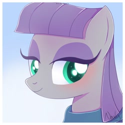 Size: 2000x2000 | Tagged: safe, artist:nnaly, derpibooru import, maud pie, earth pony, pony, blushing, bust, cute, eyelashes, female, gradient background, high res, lidded eyes, mare, maudabetes, portrait, purple hair, smiling, solo, three quarter view, when she smiles