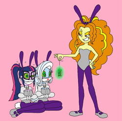 Size: 1601x1594 | Tagged: safe, artist:bugssonicx, derpibooru import, adagio dazzle, sci-twi, trixie, twilight sparkle, equestria girls, bondage, bondage mitts, bound and gagged, bunny suit, clothes, costume, gag, grin, hypnosis, jewelry, magical artifact, smiling, straitjacket, swirly eyes, tape, tape gag