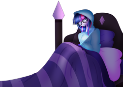 Size: 4092x2893 | Tagged: safe, artist:mywasasi, derpibooru import, sci-twi, twilight sparkle, equestria girls, bed, blanket, clothes, crying, glasses, hoodie, simple background, solo, transparent background