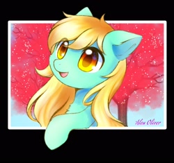 Size: 2100x1976 | Tagged: safe, artist:aleuoliver, derpibooru import, oc, oc only, earth pony, pony, bust, earth pony oc, open mouth, outdoors, signature, smiling, solo, tree