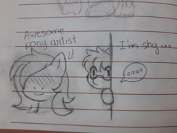 Size: 2048x1536 | Tagged: safe, artist:aleuoliver, derpibooru import, oc, oc only, earth pony, pony, ..., duo, earth pony oc, glasses, hiding, lineart, lined paper, traditional art