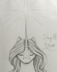 Size: 1080x1350 | Tagged: safe, artist:pony_riart, derpibooru import, oc, oc only, pony, unicorn, bust, eyes closed, grayscale, horn, inktober 2020, monochrome, stars, traditional art, unicorn oc