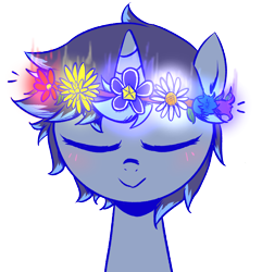 Size: 2752x2849 | Tagged: safe, artist:ce2438, derpibooru import, oc, oc only, oc:moonlight toccata, pony, unicorn, blushing, bust, cute, eyes closed, female, floral head wreath, flower, simple background, smiling, solo, transparent background