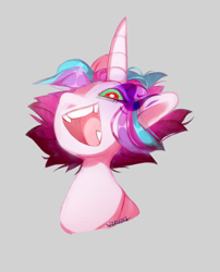 Size: 790x979 | Tagged: safe, artist:viruzki, derpibooru import, princess flurry heart, alicorn, pony, bust, dark magic, evil, evil flurry heart, fangs, female, laughing, magic, open mouth, portrait, simple background, solo, sombra eyes