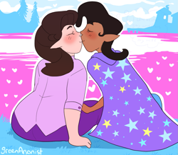 Size: 1133x985 | Tagged: safe, artist:greenarsonist, derpibooru import, starlight glimmer, trixie, human, background, blushing, cape, chubby, clothes, dark skin, elf ears, female, gender headcanon, headcanon, heart, humanized, kissing, lake, lesbian, love, natural hair color, sexuality headcanon, shipping, startrix, text, thought bubble, trans female, trans trixie, transgender