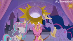 Size: 1920x1080 | Tagged: safe, artist:luna.queex, derpibooru import, luster dawn, princess flurry heart, princess twilight 2.0, twilight sparkle, twilight sparkle (alicorn), alicorn, pony, the last problem, the summer sun setback, alicornified, crown, eyelashes, eyes closed, female, horn, jewelry, lustercorn, mare, night, older, older flurry heart, older twilight, peytral, race swap, regalia, signature, smiling, stars, wings