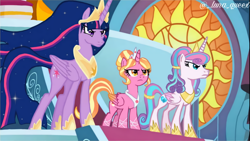 Size: 1920x1080 | Tagged: safe, artist:luna.queex, derpibooru import, edit, edited screencap, screencap, luster dawn, princess flurry heart, princess twilight 2.0, twilight sparkle, twilight sparkle (alicorn), alicorn, pony, the ending of the end, the last problem, alicornified, crown, ethereal mane, female, frown, hoof shoes, horn, indoors, jewelry, mare, older, older flurry heart, older twilight, peytral, race swap, regalia, starry mane, wings