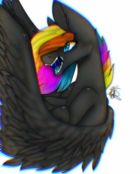 Size: 823x1024 | Tagged: safe, alternate version, artist:yoonah, derpibooru import, oc, oc only, pegasus, pony, bust, fangs, multicolored hair, open mouth, pegasus oc, rainbow hair, signature, simple background, solo, white background, wings