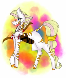 Size: 860x1024 | Tagged: safe, artist:yoonah, derpibooru import, oc, oc only, zebra, abstract background, bow (weapon), colored hooves, jewelry, necklace, quiver, ring, solo, tail, tail ring, zebra oc