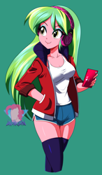 Size: 2558x4387 | Tagged: safe, artist:danmakuman, lemon zest, equestria girls, cellphone, clothes, green background, headphones, obtrusive watermark, phone, simple background, solo, stockings, thigh highs, watermark