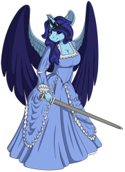 Size: 1650x2274 | Tagged: safe, artist:shadowblazearts, derpibooru import, oc, oc only, alicorn, anthro, alicorn oc, anthro oc, breasts, cleavage, clothes, commission, dress, female, horn, mare, simple background, solo, sword, transparent background, weapon, wings