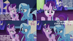 Size: 1280x720 | Tagged: safe, derpibooru import, edit, edited screencap, editor:quoterific, screencap, starlight glimmer, trixie, pony, unicorn, all bottled up, collage, duo, duo female, female, friendship throne, open mouth, solo, teeth, twilight's castle