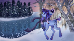 Size: 1280x720 | Tagged: safe, artist:justkattyo, derpibooru import, oc, oc only, clothes, female, forest, hooves, river, scarf, scenery, snow, unshorn fetlocks