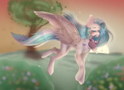 Size: 1280x936 | Tagged: safe, artist:justkattyo, derpibooru import, oc, oc only, pegasus, pony, basket, eyes closed, female, flying, meadow, mouth hold, solo, tree