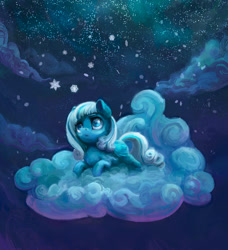 Size: 1500x1647 | Tagged: safe, artist:gor1ck, artist:nemo2d, derpibooru import, oc, oc only, oc:snowdrop, pegasus, pony, collaboration, cloud, female, filly, night, on a cloud, snow, snowfall, snowflake, solo, winter