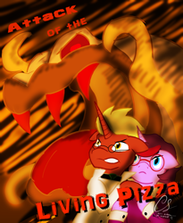 Size: 2220x2701 | Tagged: safe, artist:johnathon-matthews, derpibooru import, oc, oc:aramau, oc:commander firebrand, b movie, deviantart watermark, food, monster, movie poster, movie reference, obtrusive watermark, pizza, watermark