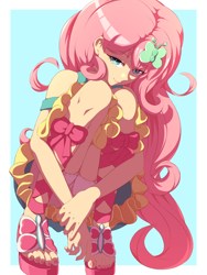 Size: 3000x4000 | Tagged: safe, artist:rockset, fluttershy, equestria girls, bloomers, clothes, dress, female, open-toed shoes, panties, sandals, sitting, smiling, solo, underwear