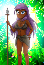 Size: 2290x3350 | Tagged: safe, artist:danielitamlp, oc, oc only, oc:shaily melodi, equestria girls, belly button, big breasts, breasts, cleavage, dark skin, equestria girls-ified, female, hand on hip, holding, jungle, raised eyebrow, solo, spear, tribal, weapon