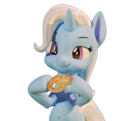 Size: 3840x3840 | Tagged: safe, artist:xppp1n, trixie, pony, unicorn, 3d, belly button, blender, blender cycles, chubby, eating, female, holding, mare, pretzel, simple background, smiling, solo, transparent background