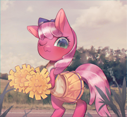 Size: 2084x1917 | Tagged: safe, artist:choyamy, derpibooru import, cheerilee, earth pony, pony, cheerileeder, cheerleader, clothes, female, looking at you, mare, one eye closed, outdoors, solo, wink