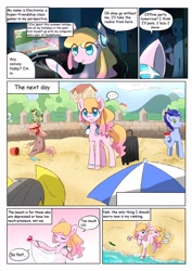 Size: 2480x3508 | Tagged: safe, artist:brony_festival, derpibooru import, oc, oc:electronia, earth pony, pony, comic:electrowave, beach, bucket, china, drink, eyes closed, female, headphones, male, mascot, open mouth, qingdao, qingdao brony festival, sandcastle, shovel, solo, trotting, umbrella, wavy mouth