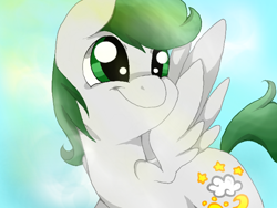 Size: 680x512 | Tagged: safe, artist:acinaces, derpibooru import, oc, oc only, oc:dreamer skies, pegasus, pony, green eyes, green mane, green tail, halfbody, happy, male, multicolored hair, multicolored mane, pegasus oc, silver coat, simple background, smiling, solo, spread wings, stallion, wings