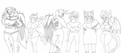 Size: 1280x562 | Tagged: safe, artist:shadowthedarkninja, derpibooru import, gallus, ocellus, sandbar, silverstream, smolder, yona, oc, anthro, changedling, changeling, dragon, earth pony, griffon, hippogriff, yak, bedroom eyes, belly button, big breasts, breasts, busty changedling, busty ocellus, busty silverstream, busty yona, butt, clothes, crossed arms, digital art, dragon wings, dragoness, dress, female, gallass, group, horn, jewelry, lizard breasts, looking at you, looking back, looking back at you, male, monochrome, necklace, one eye closed, pants, peace sign, rear view, shirt, simple background, sketch, skirt, smolder-boulders, spread wings, student six, tail, thighs, white background, wide hips, wings