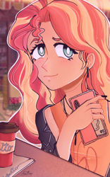 Size: 600x964 | Tagged: safe, artist:latiatonta, derpibooru import, sunset shimmer, equestria girls, bust, cellphone, coffee, digital art, ear piercing, earring, jewelry, phone, piercing, portrait